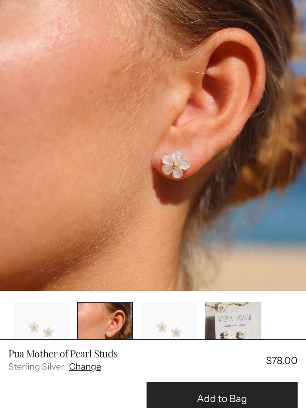 Misha Hawaii Pua Mather of Pearl Studs Flower Stud Earrings in White & Gold Like